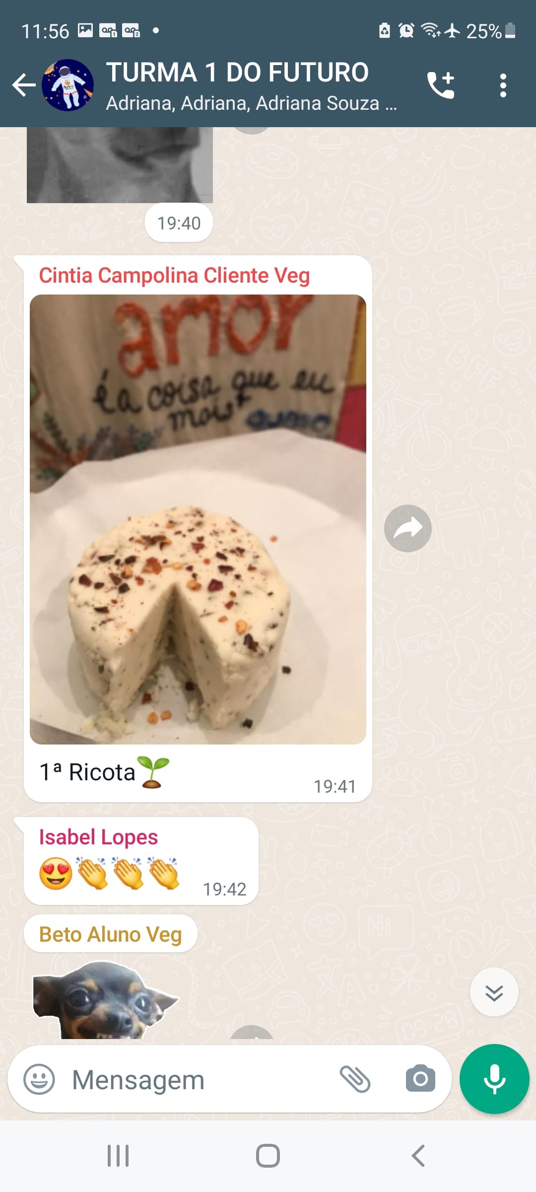 Primeira ricota feita por uma aluna do método - print do WhatsApp